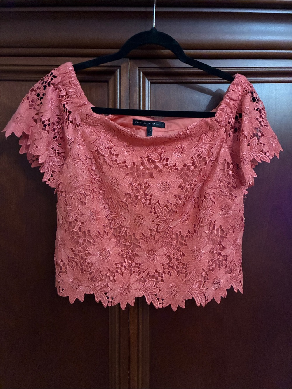 White House Black Market Coral Floral Lace Off-Shoulder Blouse